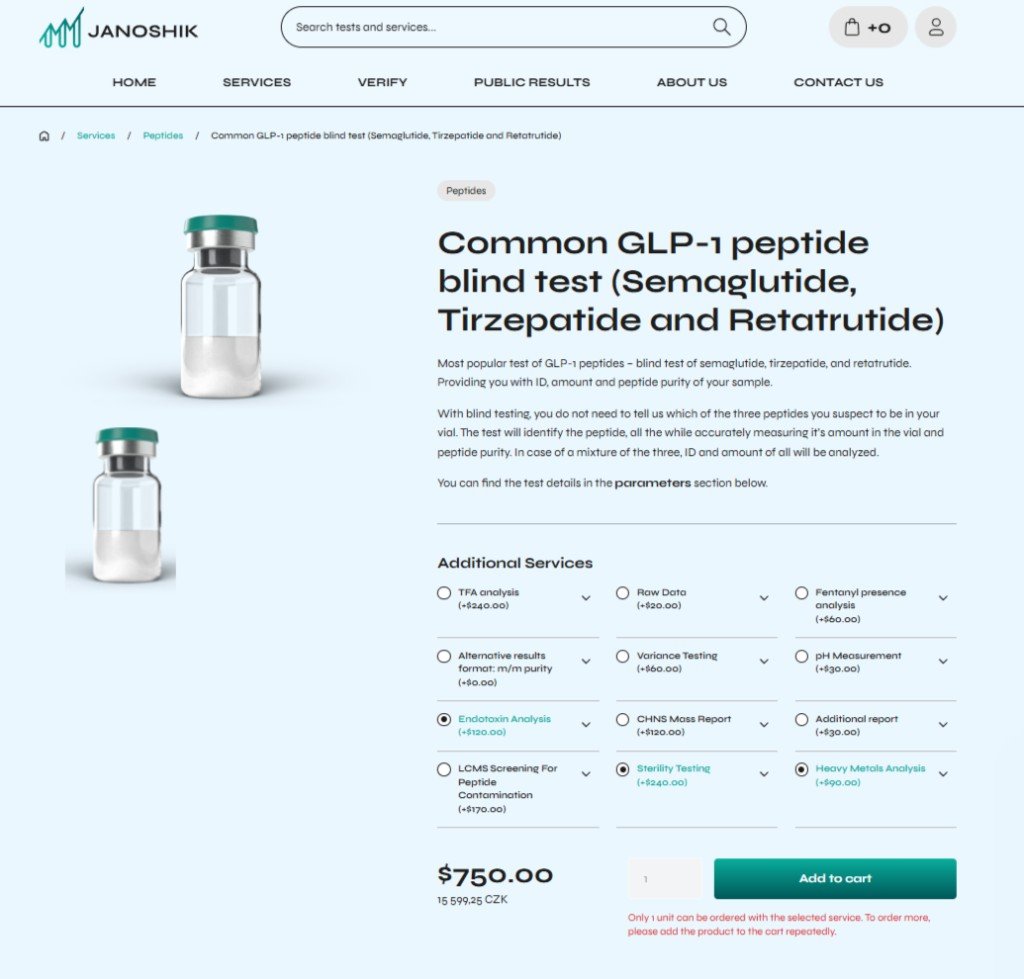 Екран от Janoshik: общ GLP‑1 сляп тест с избрани допълнителни услуги и крайна цена около 750 USD